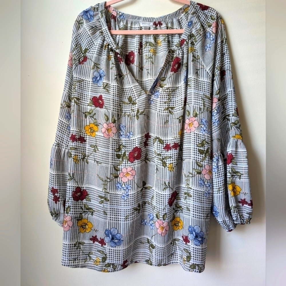 Avenue Floral Plaid Puff Sleeve Blouse Size 0x 14/16